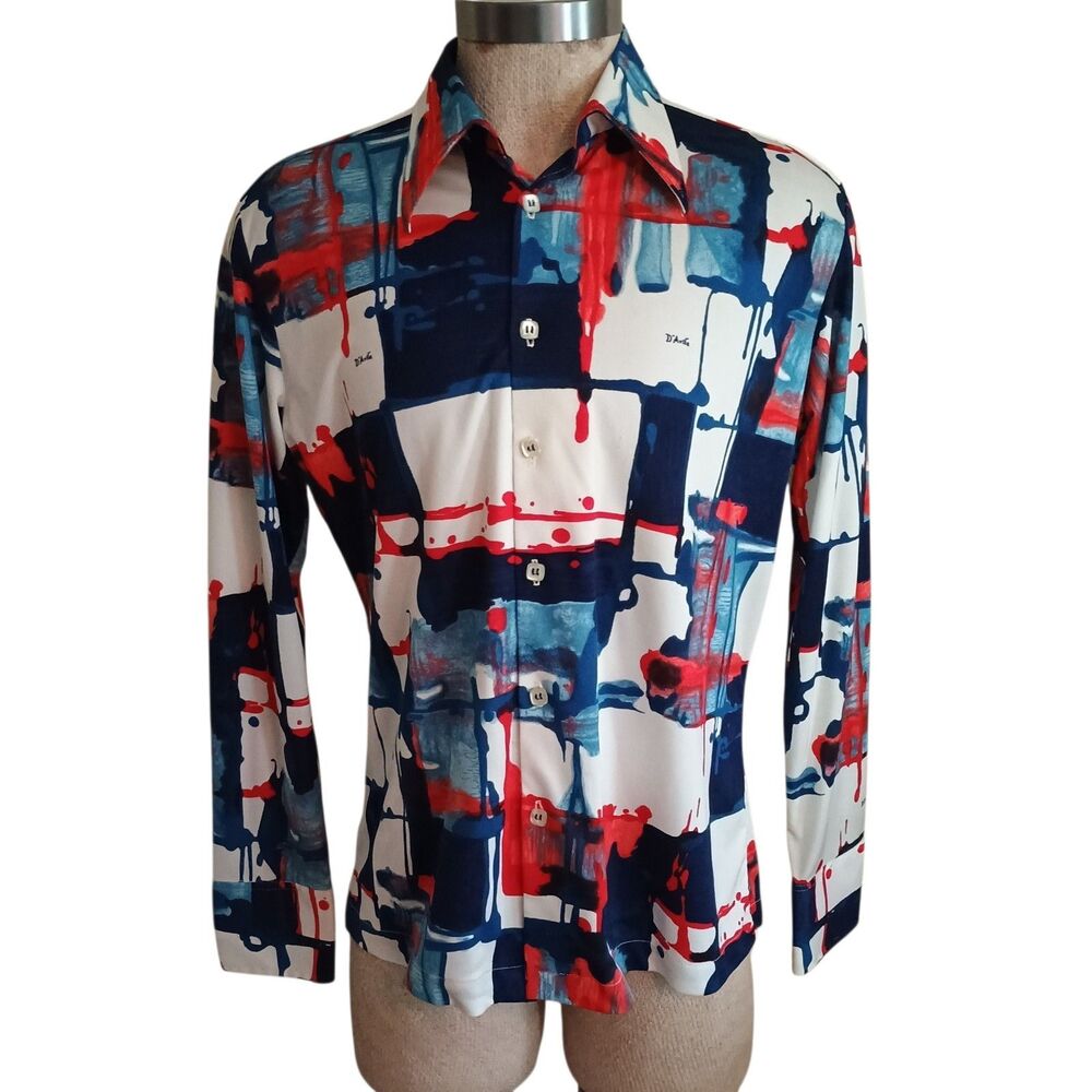 Vintage 70s D'avila Mens Shirt Sz L Disco Rockabilly Red White Blue Art Print